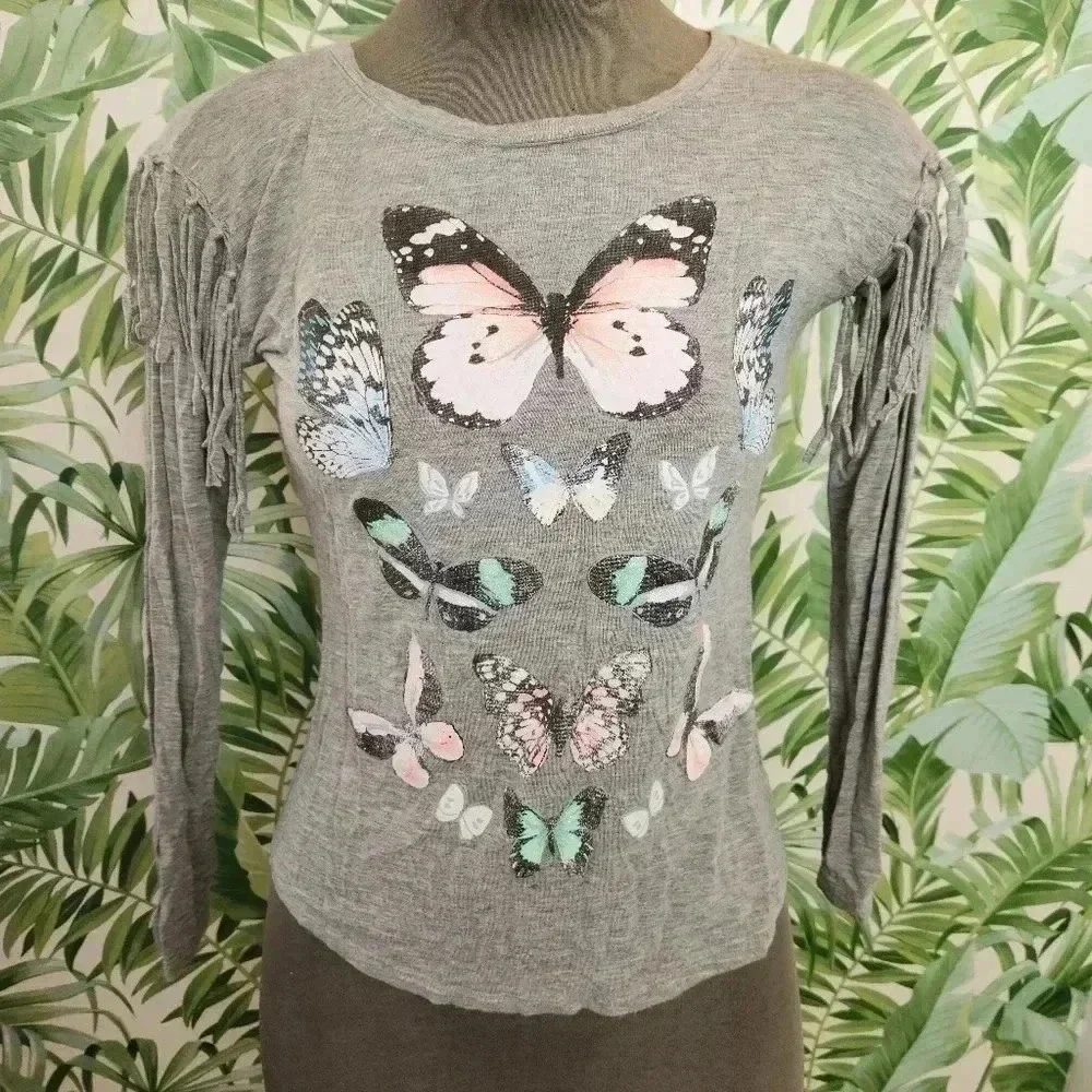 Girls Justice Gray Butterfly Long Sleeve T-shirt w/ Fringe